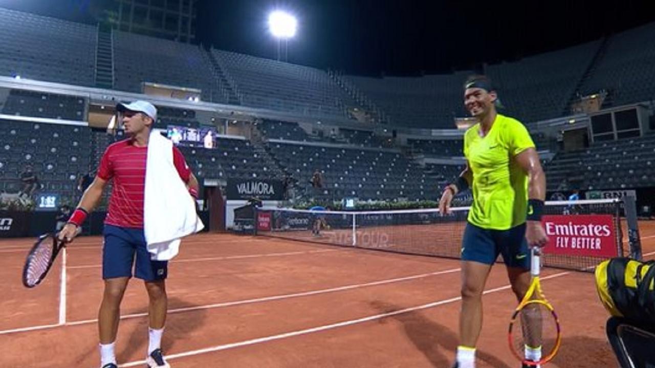 Rafael Nadal picked up on Dusan Lajovic using his towel. Picture: ESPN2