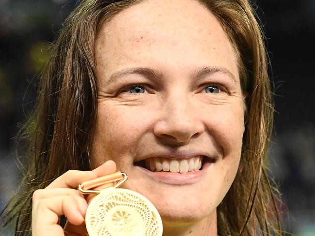 GOLD COAST, AUSTRALIA - APRIL 05:  Gold medalist  Cate Campbell of Australia poses during the medal ceremony for the Women's 4 x 100m Freestyle Relay Final on day one of the Gold Coast 2018 Commonwealth Games at Optus Aquatic Centre on April 5, 2018 on the Gold Coast, Australia.  (Photo by Quinn Rooney/Getty Images)