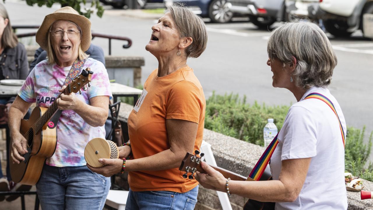 Lil Darlins members (from left) Cath McCourt, Karen James and Steph Gaunt travelled from Cleveland to perform at the Toowoomba Busking Festival, Saturday, April 29, 2023. Picture: Kevin Farmer