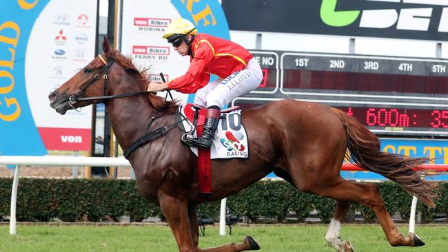 Jeff Lloyd rides Sneaky Glance to victory on the Gold Coast Picture: Richard Gosling