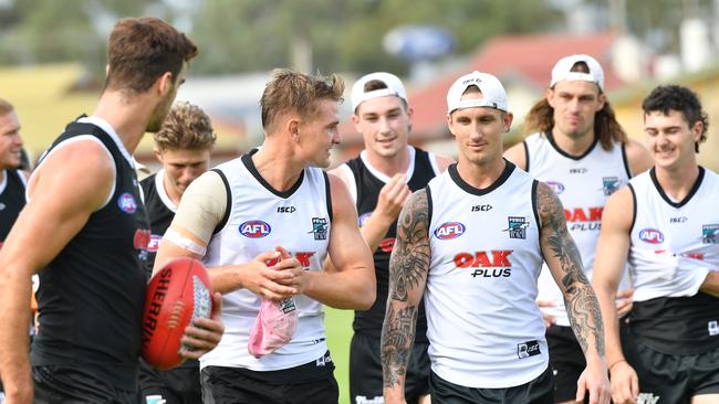 Port Adelaide co-captain Ollie Wines Football training at Alberton Oval. Ollie Wines and Hamish Hartlett Picture: Keryn Stevens