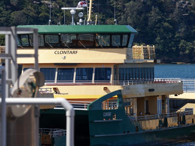 Daily Telegraph. 07, February, 2023.Emerald class ÃClontarfÃ ferry, currently docked behind the "Balmoral" at Balmain Shipyard, Sydney, today.All three Chinese-built Emerald 2 ferries have suffered engine issues in the last week, headlined by the catastrophic engine breakdown of the Clontarf last night. Picture: Justin Lloyd.