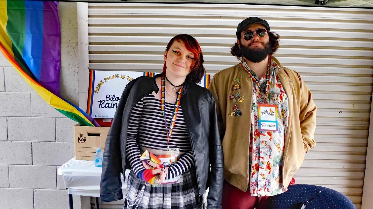 Leo Lavin and Ryan Dippel of Bilo Rainbow at Pride Picnic in the Park in Biloela on June 4, 2022. Picture: Jen Gourley