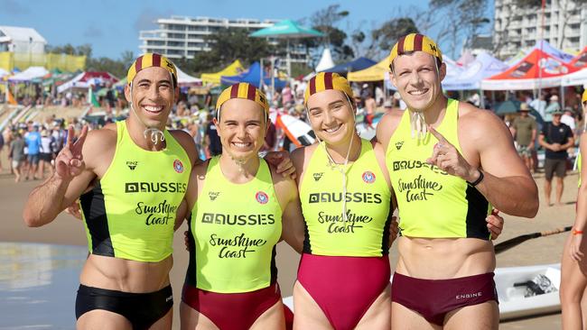 Newport stars Mitch Trim, Jemma Smith, Jasmine Locke and Jayke Rees after the Open Mixed Double Ski final. Picture: SLSA.