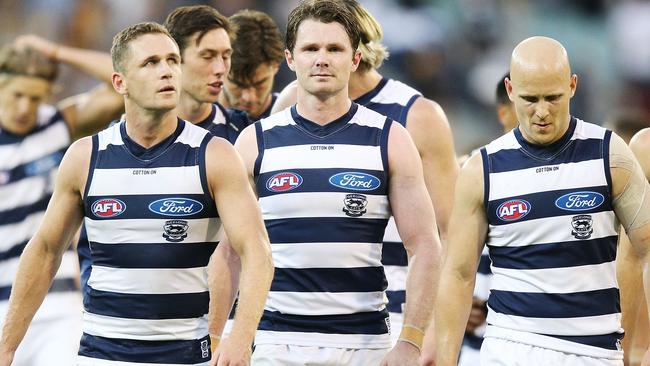 Geelong skipper Joel Selwood, Patrick Dangerfield and Gary Ablett. Picture: Michael Dodge/Getty Images