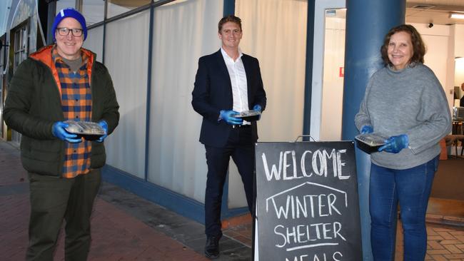 Urban Life Ringwood's Scott Hawkins, Eastland centre manager Stuart Lloyd and Winter Shelter co-ordinator Gitta Clayton are excited to launch a meal service for the needy. Picture: Kiel Egging.