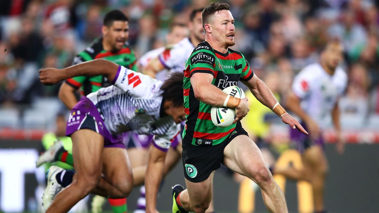 Damien Cook of the Rabbitohs breaks away to score a try during the round 21 NRL match between the Rabbitohs and the Storm. (Photo by Mark Kolbe/Getty Images)