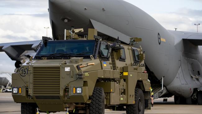 The first three of 20 Bushmaster vehicles bound for Ukraine left Amberley air base on Friday morning. Picture: ADF via NCA NewsWire