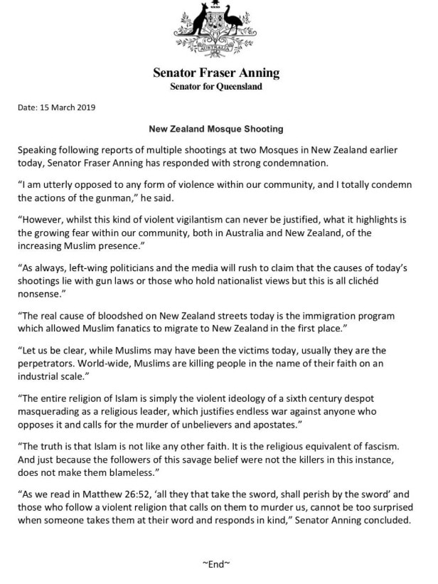 Senator Fraser Anning's statement.