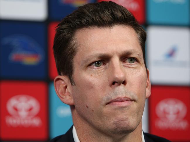 Crows CEO Andrew Fagan talks to media at a press conference at Adelaide Crows HQ in West Lakes about Don Pyke's decision to step down as Senior Coach of the Adelaide Football Club. (AAP/Emma Brasier)