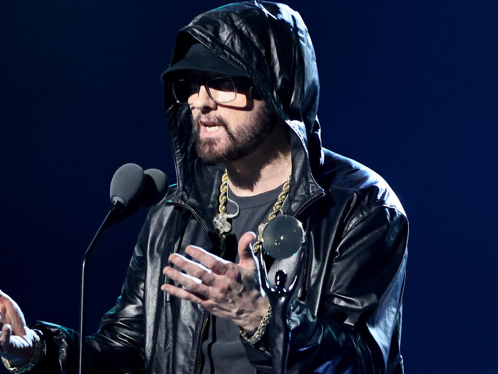 Eminem speaking during the 37th Annual Rock &amp; Roll Hall of Fame Induction Ceremony. Picture: Theo Wargo/Getty Images for The Rock and Roll Hall of Fame