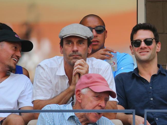 Jon Hamm and Justin Bartha are seen as Novak Djokovic of Serbia takes on Gael Monfils of France during their Men’s Singles Semifinal Match on Day Twelve of the 2016 US Open at the USTA Billie Jean King National Tennis Center on September 9, 2016. Picture: Getty