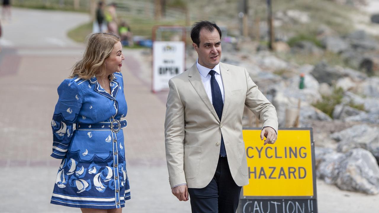 Holdfast Bay mayor and Black Liberal candidate Amanda Wilson with Liberal leader Vincent Tarzia at the Brighton and Seacliff Yacht Club on October 12. Picture: Brett Hartwig