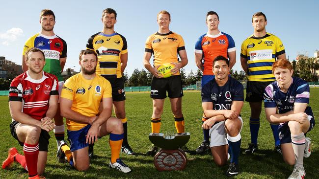 SYDNEY, AUSTRALIA - AUGUST 13: The captains from the NRC clubs pose with the NRC trophy during the Official Launch of the National Rugby Championship (NRC) at Coogee Oval on August 13, 2014 in Sydney, Australia. (Photo by Matt King/Getty Images)