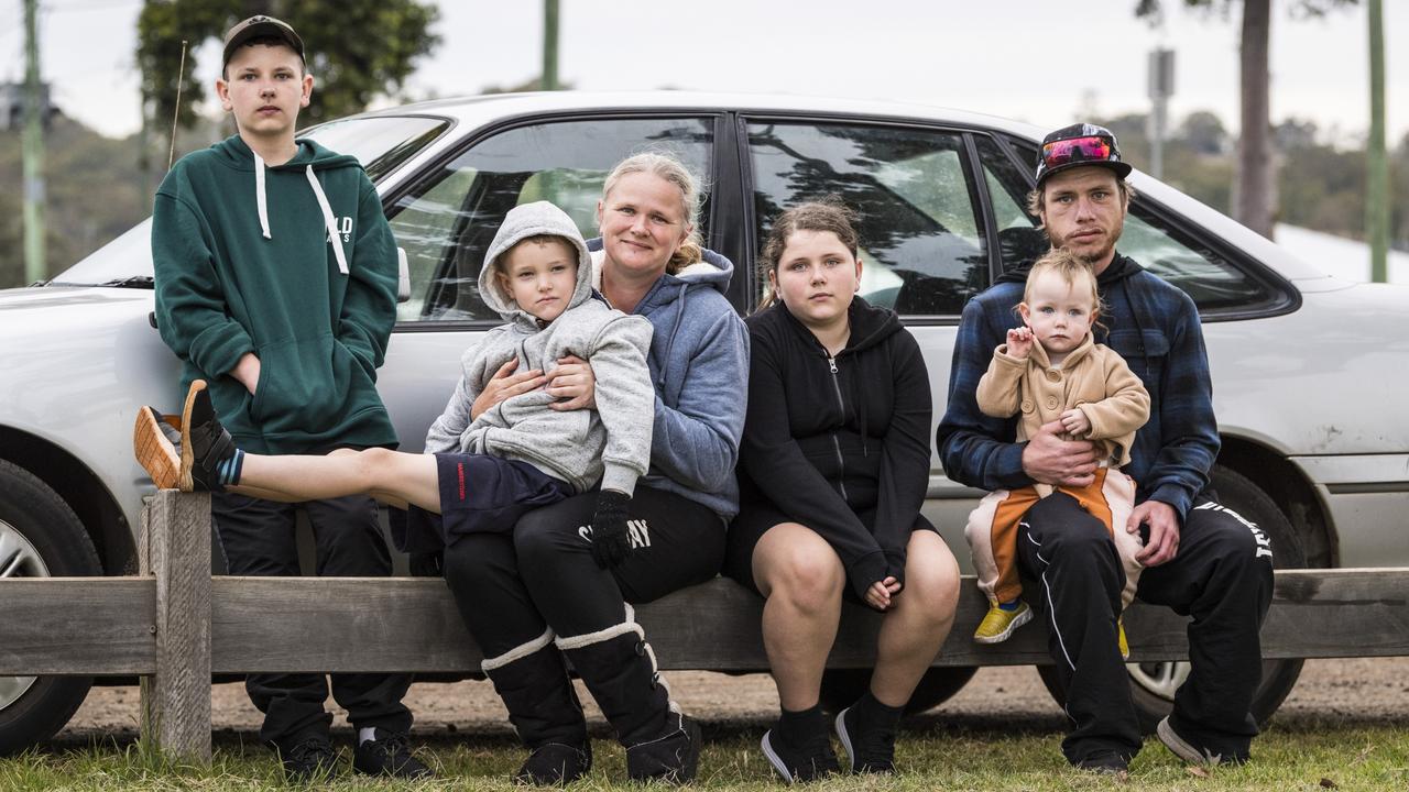 WE NEED HELP: The Cooper-Duncan family (from left) Jayden Cooper, 14, Conner Cooper, 7, mum Felicity Cooper, Cheyenne Cooper, 10, Jade Duncan and Mazikeen Duncan, 2, are victims of Toowoomba's housing crisis after becoming homeless last month having to sleep in their car and a friend’s spare bedroom. Picture: Kevin Farmer