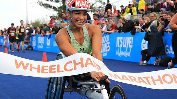 Madison de Rozario crosses the line in the Wheelchair Marathon. Picture: Gold Coast Marathon