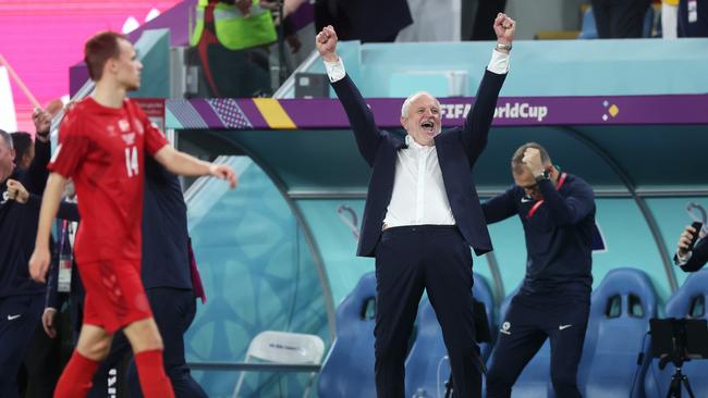 Graham Arnold celebrates Australia’s win over Denmark at Al Janoub Stadium. Picture: Getty Images