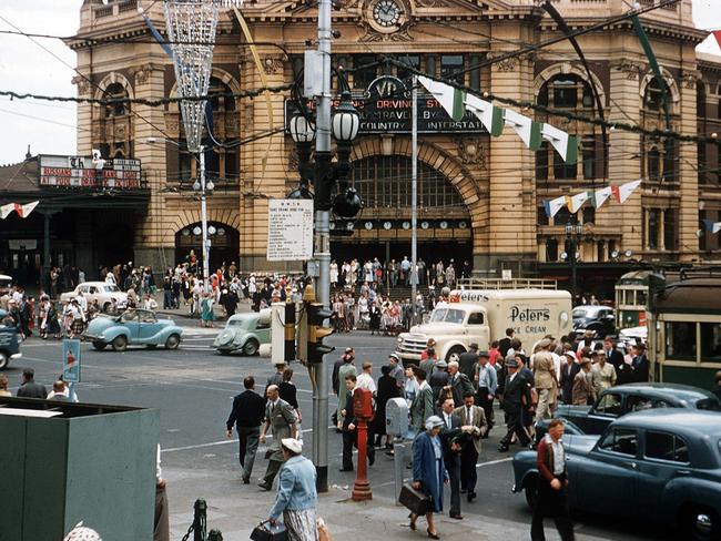 The corner of Swanston and Flinders streets during the 1956 Olympics. Picture: Albert Fowler