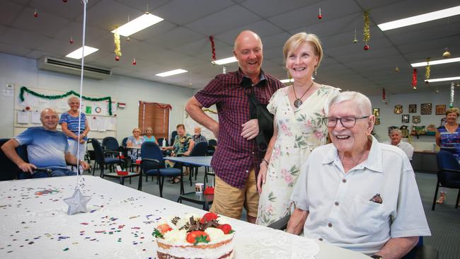 Darwin Bridge Club held a 100th birthday party for its member Rory O'Toole with daughter and son-in-law Vanessa and Nick Frew. Picture GLENN CAMPBELL