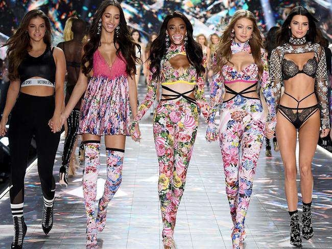 Barbara Palvin, left, with Yasmin Wijnaldum, Winnie Harlow, Gigi Hadid and Kendall Jenner. Picture: Getty Images for Victoria's Secret