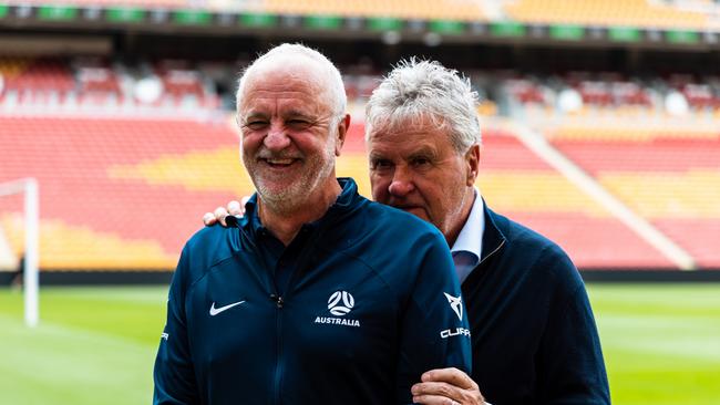 Graham Arnold and former Socceroos coach Guus Hiddink at Suncorp Stadium in September. Picture: supplied by Michael Puterflam (FFA)