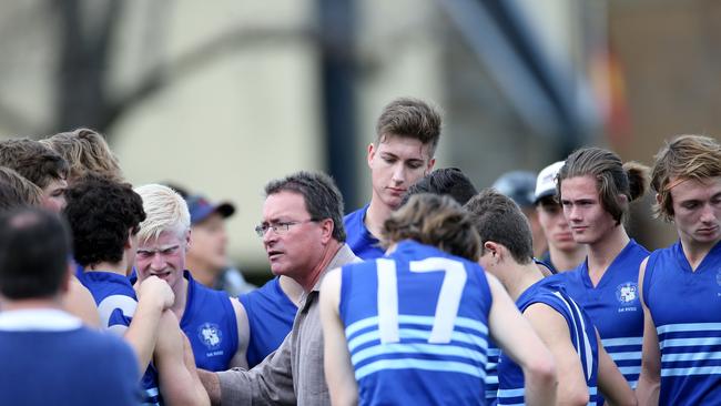 Anthony Goodrich coaching Sacred Heart’s First XVIII in 2015. Picture: Simon Cross.