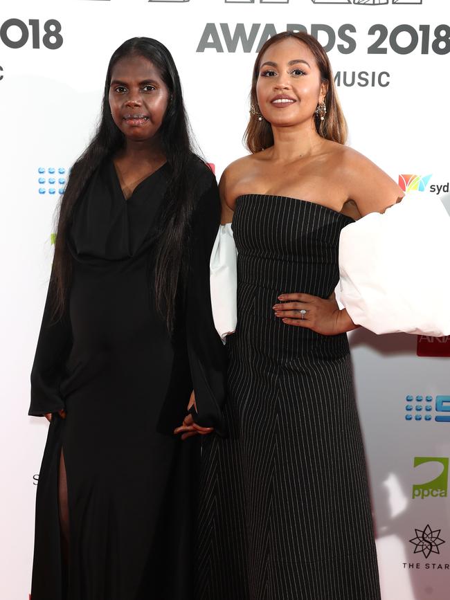 Jasmine Yunupingu and Jessica Mauboy shared their red carpet moment together. Picture: Getty