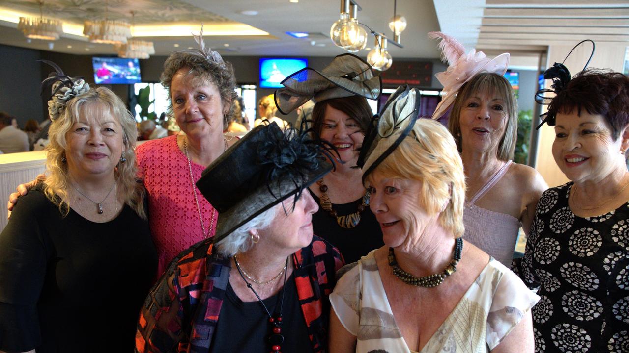 Adele Harrington, Kathie Lisle, Natalie Dan, Shirley Morrison, Ruth Greentree, Gay Brown, and Lesley Westerlo at the Gympie RSL during the Melbourne Cup Races on November 7, 2023.