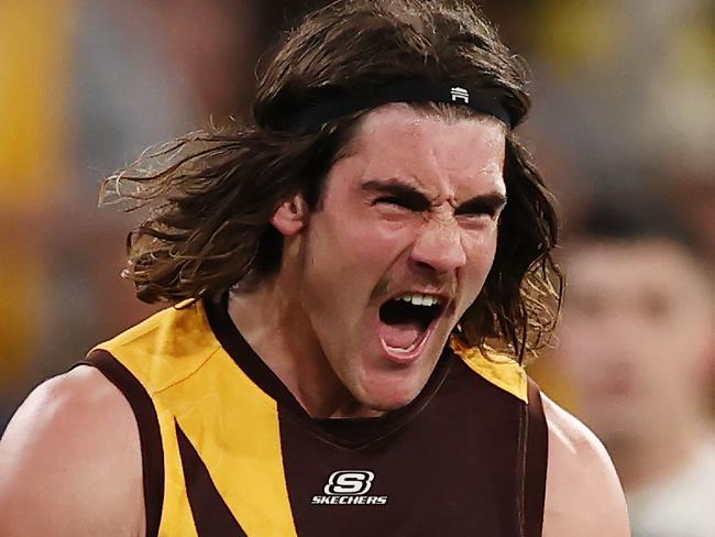 MELBOURNE, AUSTRALIA - August 5 , 2023. AFL .        Jai Newcombe of the Hawks celebrates a 4th quarter goal during the round 21 match between the Hawthorn and Collingwood at Marvel Stadium in Melbourne.   Photo by Michael Klein.