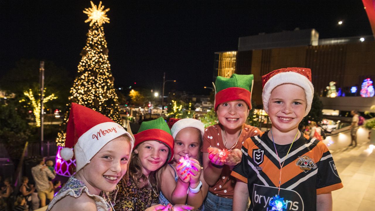 Excited to see the Christmas tree light up are (from left) Georgia Laing, Poppy Perkins, Indi Brookman, Lily Brookman and Oli Laing at the CBD Christmas tree lighting event at Grand Central.