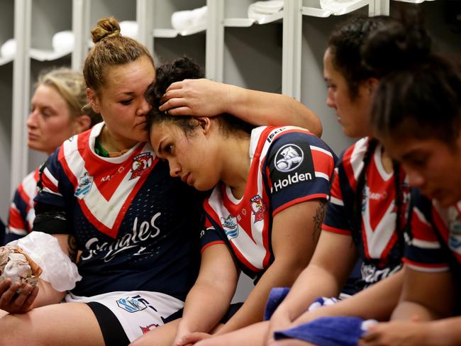 Elianna Walton consoling Vanessa Foliaki after  losing to the Brisbane Broncos. Picture: Jonathan Ng