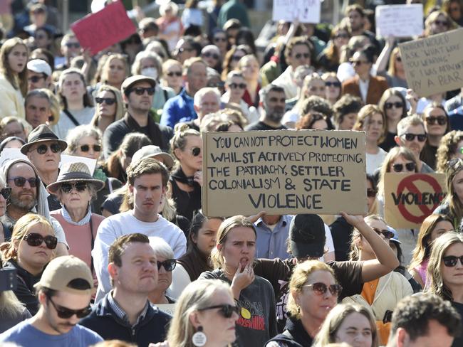 Thousands gather at Federation Square for the national rally against gender based violence. Picture: Andrew Henshaw