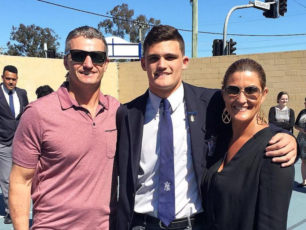 Nathan Cleary in 2015 with his parents Ivan and Bec Cleary. Picture: Instagram