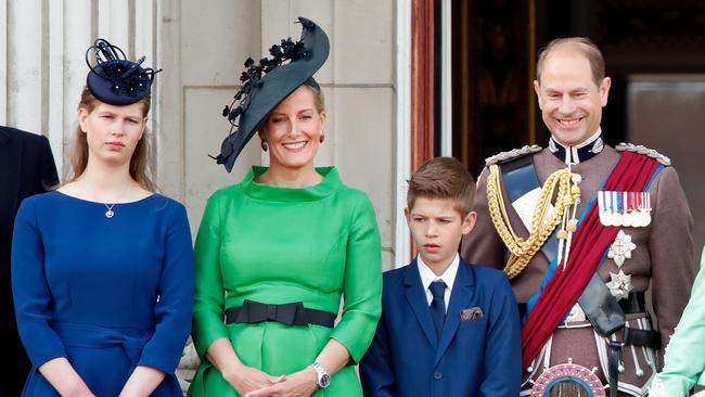 Lady Louise Windsor, Sophie, Duchess of Edinburgh, James, Earl of Wessex and Prince Edward, Duke of Edinburgh watch a flypast from the balcony of Buckingham Palace during Trooping The Colour (Photo by Max Mumby/Indigo/Getty Images)