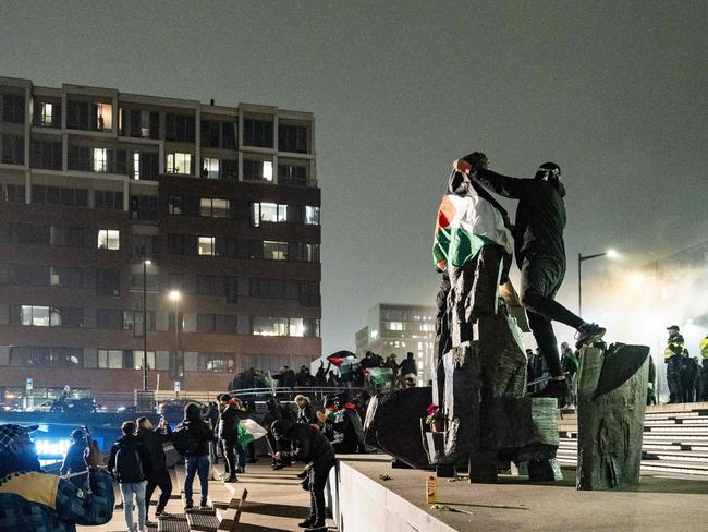 Pro-Palestinians demonstrate at Amsterdam's Anton de Komplein square ahead of the match between Ajax and Maccabi Tel Aviv on November 7. Picture: AFP