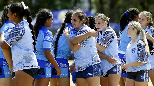 Action from Under 16 Girls NSW Indigenous v Samoa Blue. Harmony Nines Rugby League. Picture: John Appleyard