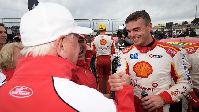 Dick Johnson congratulates Scott McLaughlin after his second placing in race 4. Picture: Getty Images