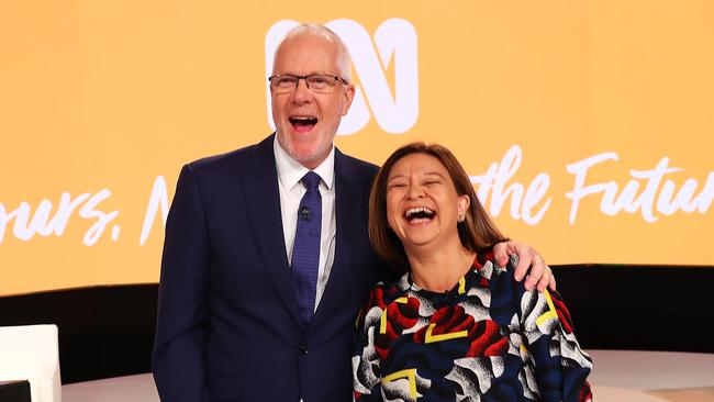 No laughing matter … ABC chairman Justin Milne with then-managing director Michelle Guthrie in Sydney in February. Picture: John Feder