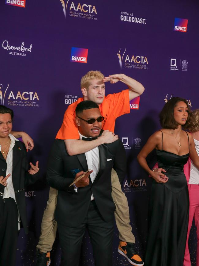 The cast of Talk to me arrive on the Red Carpet at the 2024 Aacta Awards at HOTA on the Gold Coast. Picture: Glenn Campbell