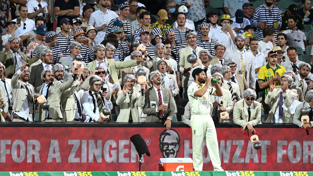 ‘The Richies’ cheer on Australia’s Michael Neser during day two of the second Test match in the Ashes series between Australia and England at the Adelaide Oval on December 17, 2021. Picture: Quinn Rooney/Getty Images