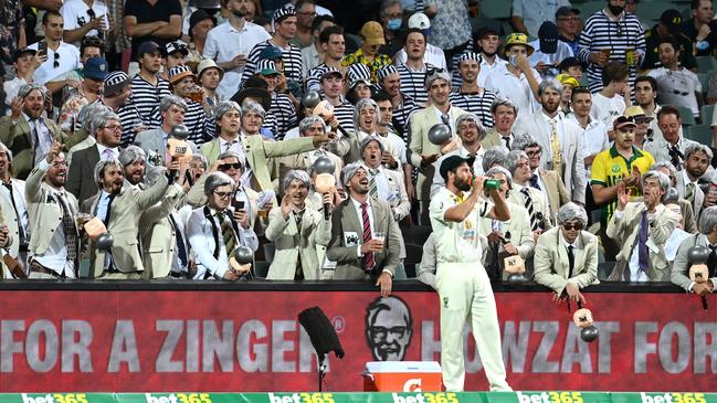 ‘The Richies’ cheer on Australia’s Michael Neser during day two of the second Test match in the Ashes series between Australia and England at the Adelaide Oval on December 17, 2021. Picture: Quinn Rooney/Getty Images