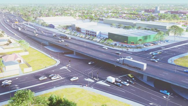 An artist’s impression of proposed overpass on the corner of Regency Road and South Road. Picture supplied by State Government.