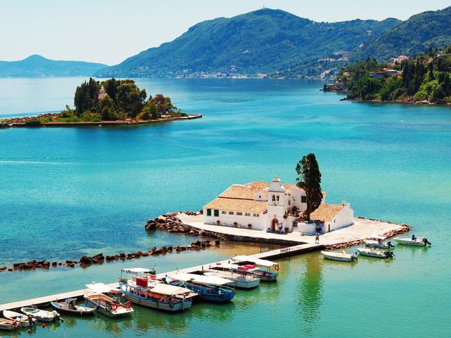 The Vlacherna Monastery and Mouse island (Pontikonisi) Corfu, Greece