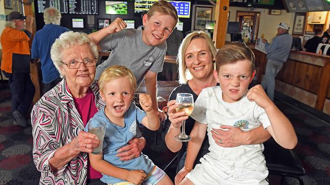 <span id="U642868212655ePB" style="letter-spacing:-0.007em;">Kerrin McEvoy's Grandma Connie, sister Renae Edmunds and her sons Cooper, 12, Max, 8, and Harry, 5, at the Streaky Bay Hotel to cheer him on at Oaks Day and, left, John Rumbelow and Sue Montgomerie</span>.  Picture: Tom Huntley