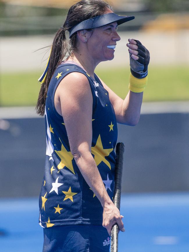 Action in the Pan Pacific Masters Games Hockey tournament. Picture: Glenn Campbell