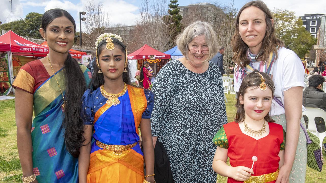 (from left) Amutha Kandasamy, Aiswitha Kandasamy, Barbara Hannon, Clara Addie and Gabrielle Addie. Krishna Janmashtami celebrations in Toowoomba Civic Square. Sunday, August 28, 2022. Picture: Nev Madsen.