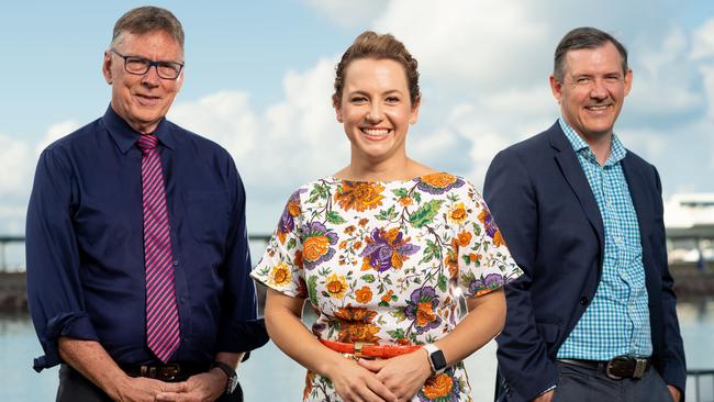 Territory Alliance leader Terry Mills, Opposition Leader Lia Finocchiaro and Chief Minister Michael Gunner ahead of the 2020 NT election. Picture: Che Chorley