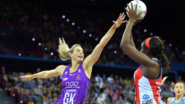 Laura Geitz in action for the Firebirds against Sam Wallace of the Swifts. Photo: AAP