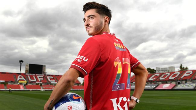 Adelaide United soccer player Josh Cavallo at Coopers Stadium last year ahead of Pride Round. Picture: Tricia Watkinson