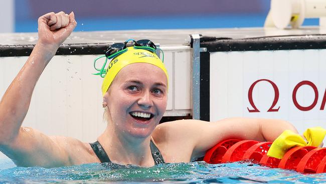 Ariarne Titmus reacts after winning the gold medal in the women's 400m freestyle final at the Olympics this year. Picture: Getty Images